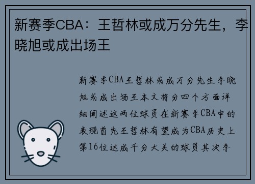 新赛季CBA：王哲林或成万分先生，李晓旭或成出场王